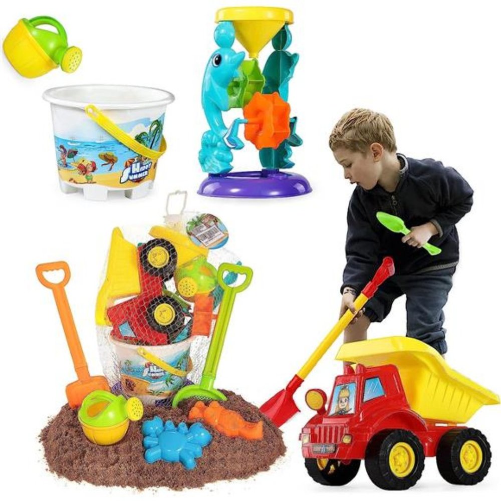 Beach Sand Toys for 3 4 5 6 7 Year Old Boys w/Water Wheel, Dump Truck, Bucket